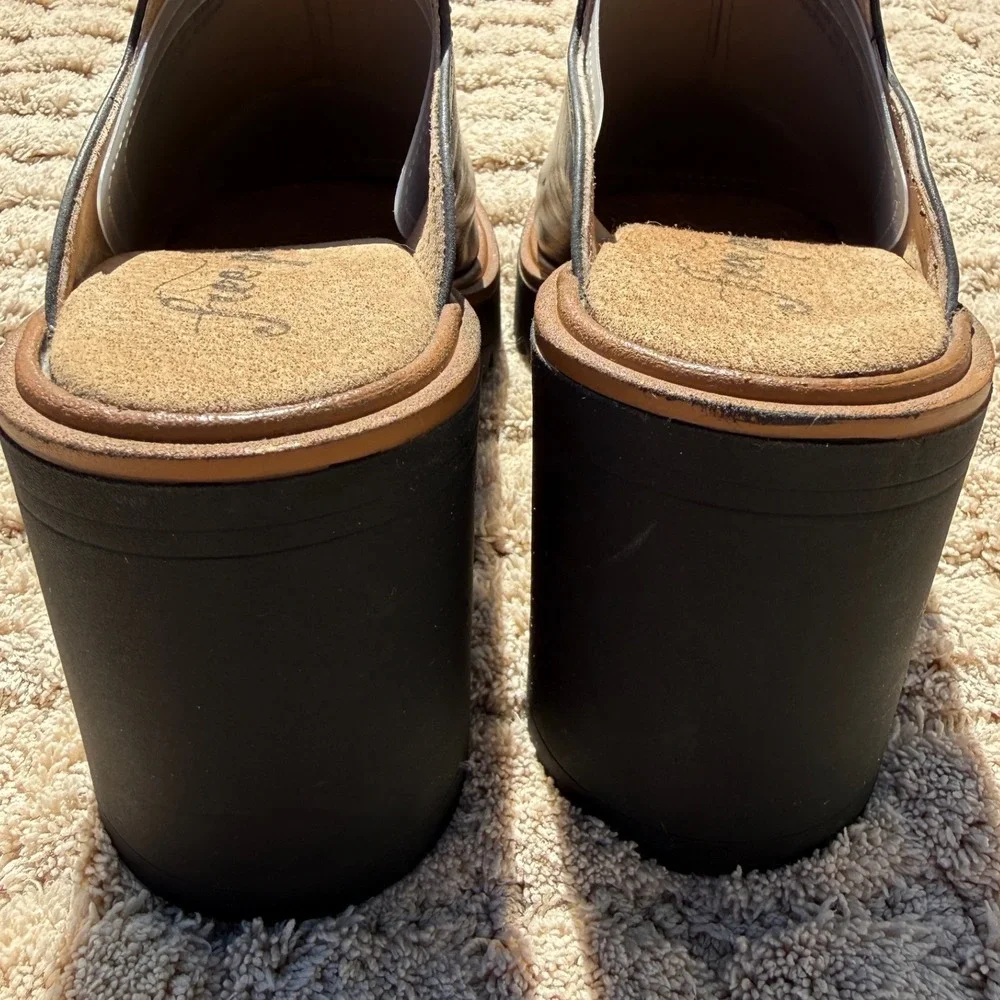 Free People Black Leather Platform Lug Sole Block Heel Mules Clogs Spain 8.5